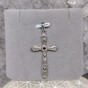 Vintage Sterling Silver Filigree Cross Pendant with Blue Sapphire
